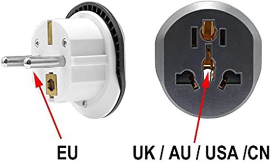 EU-stekker met twee ronde pinnen naast een universele adapter voor UK, AU, USA, CN stopcontacten.