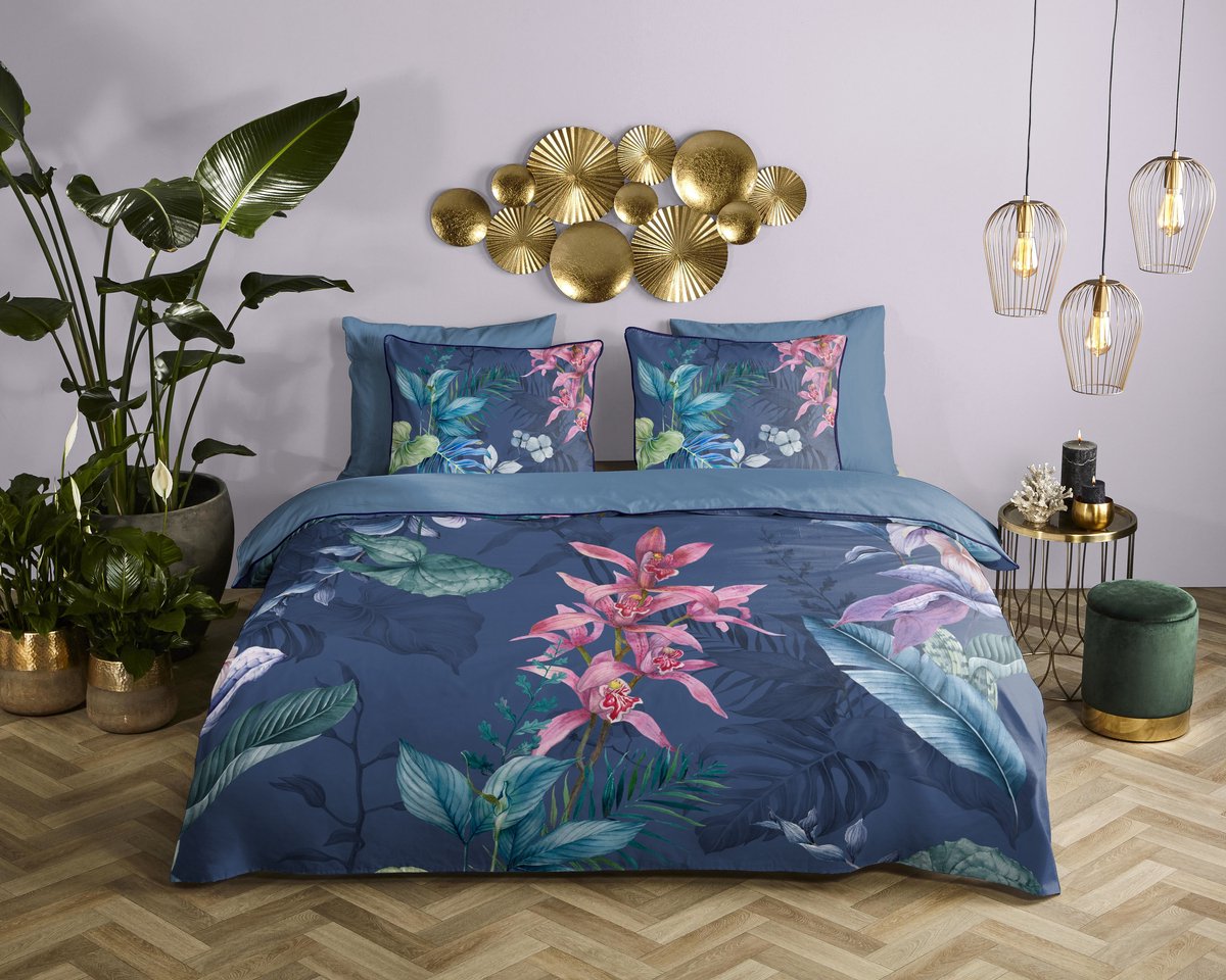 Descanso dekbedovertrek bloemen en bladeren - Lits jumeaux 240x200/220 cm - Blauw - 100% Katoen satijn