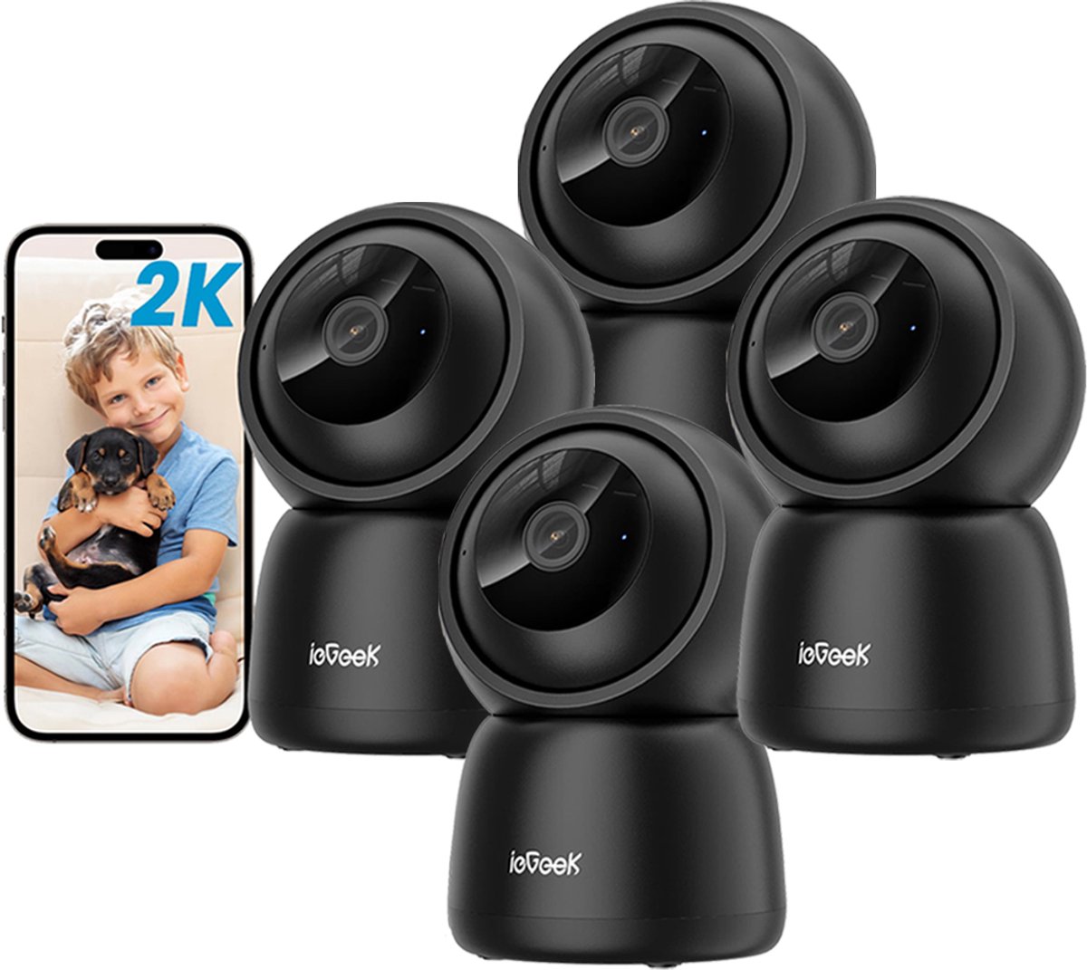 ieGeek SC1 Beveiligingscamera binnen - 2K 3MP Ultra HD - Huisdiercamera met app - Beveiligingscamera's - Wifi Camera APP - Volgt beweging en geluidsdetectie - Bewakingscamera - 2.4/5 GHz - Zwart - 4 Stuks