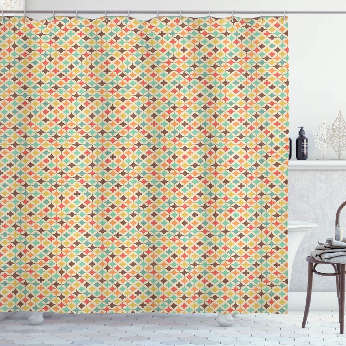 ABAKUHAUS Douchgordijn Bruin Turkoois – Retro Kunst 175x180 cm – Waterafstotend