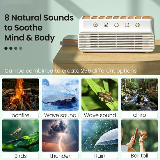 White Noise Machine, 8 mixopties voor natuurgeluiden, White Noise-apparaat, White Noise-geheugenfunctie, slaapmuziek voor volwassenen en baby's (wit/bruin) van REACHER — afbeelding 5