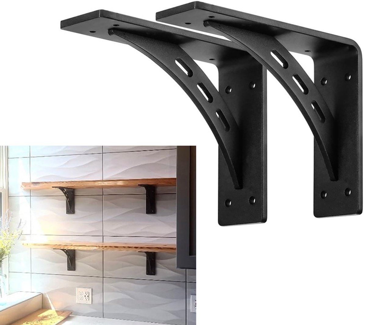 Kachelkoord plat zelfklevend - Reparatieset Kachel - Rostvrije Werkbladsteun, Mat Zwarte Muursteun, 17,8 x 15,2 cm, Draagvermogen 500 kg