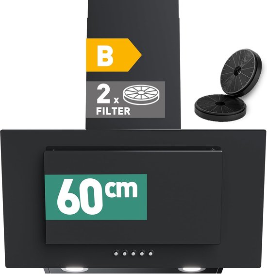 Zwarte afzuigkap met energieklasse B en indicatie voor 2 koolstoffilters. 60cm breed.