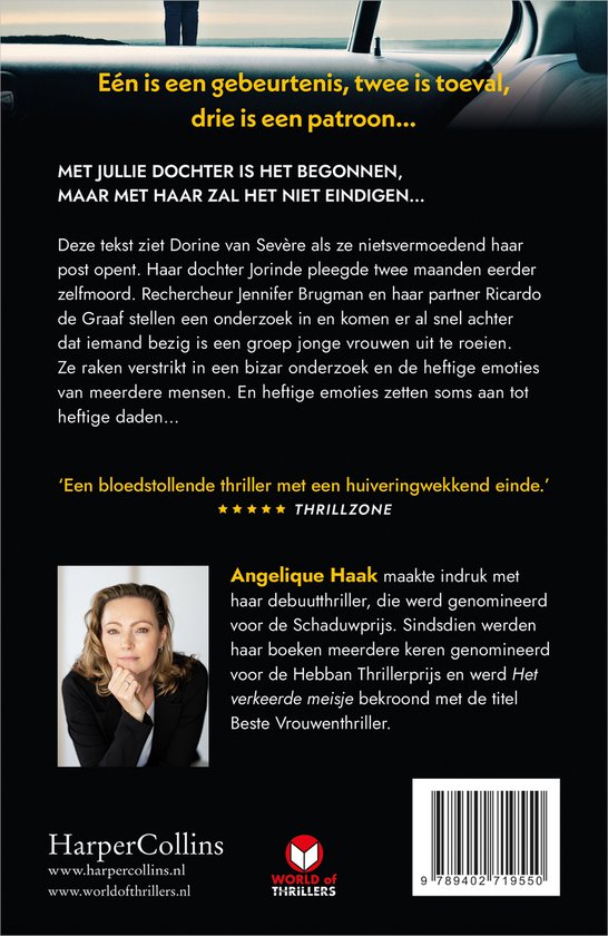 Boekomslag achterkant: ANGELIQUE HAAK, HarperCollins. Foto van auteur en tekst over het boek.