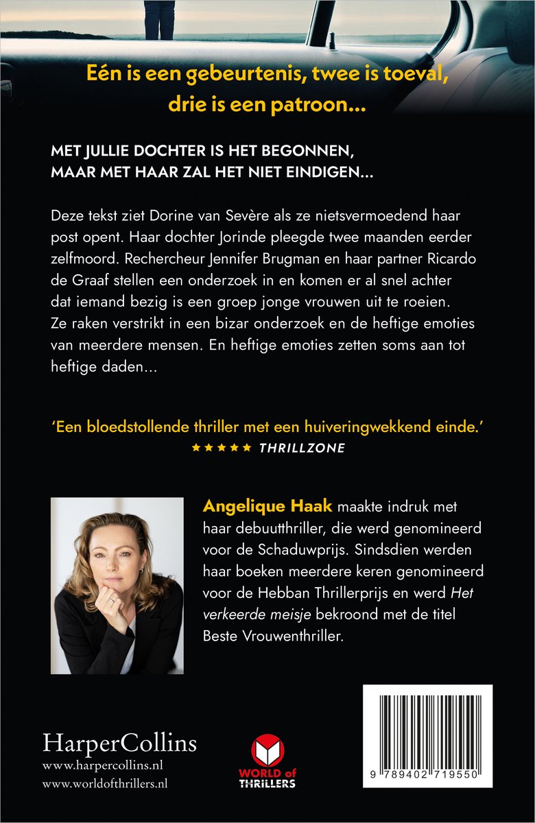 Boekomslag achterkant: ANGELIQUE HAAK, HarperCollins. Foto van auteur en tekst over het boek.