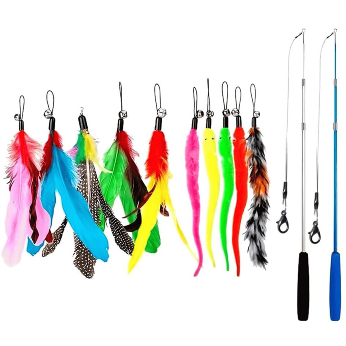 Cat Toys Veren Speelgoed, 2 stuks intrekbare hengel en 10 stuks vervangende verenkoppen met belvullingen, interactieve vanger en leuke oefening voor kitten en kat thumbnail 2