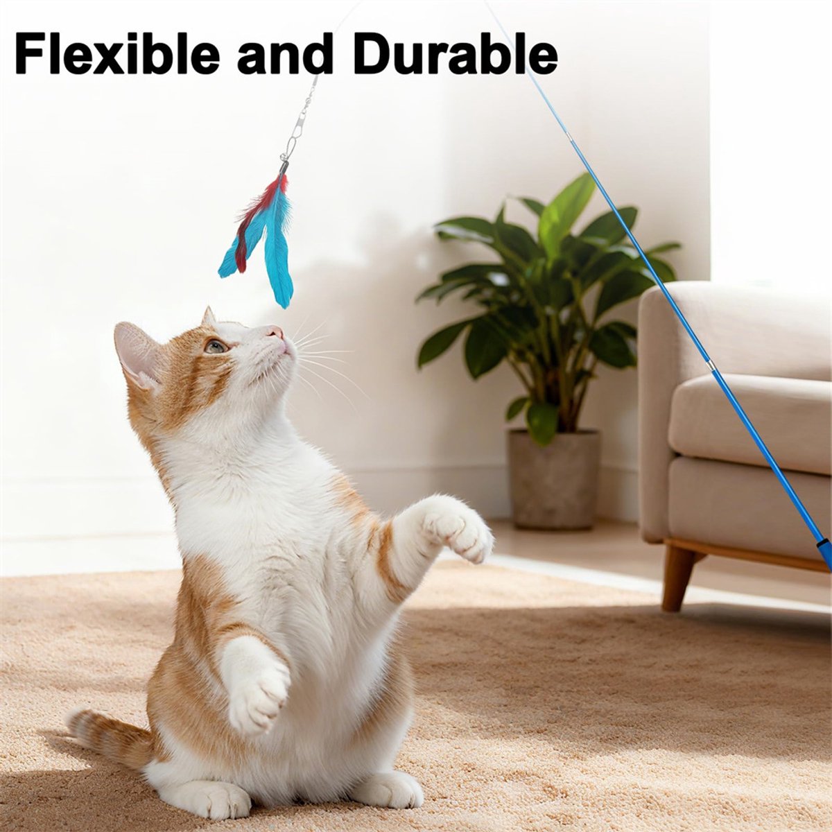Cat Toys Veren Speelgoed, 2 stuks intrekbare hengel en 10 stuks vervangende verenkoppen met belvullingen, interactieve vanger en leuke oefening voor kitten en kat thumbnail 3