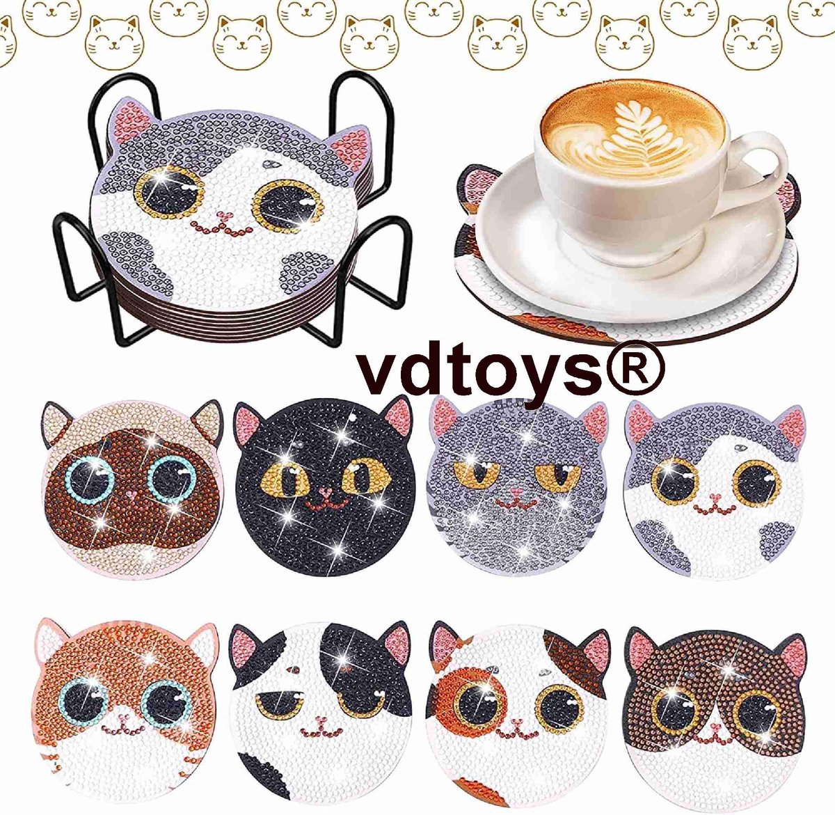 VDTOYS® DIAMOND PAINTING voor volwassenen - Kattekoppen - Onderzetters - Coasters - Onderleggers - Ronde steentjes - 8 stuks - Compleet Hobbypakket - u koopt hier set J - Kattenkop design