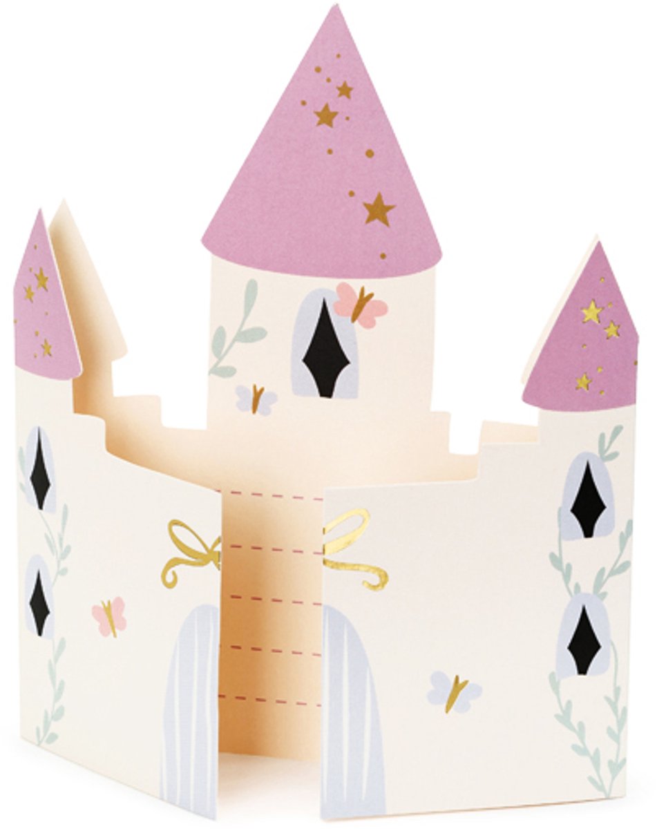 Prinsessen Uitnodigingen – 6 stuks | Kasteel Vorm | Inclusief Enveloppen | Kinderfeestje Meisjes | 12,5 x 15,5 cm