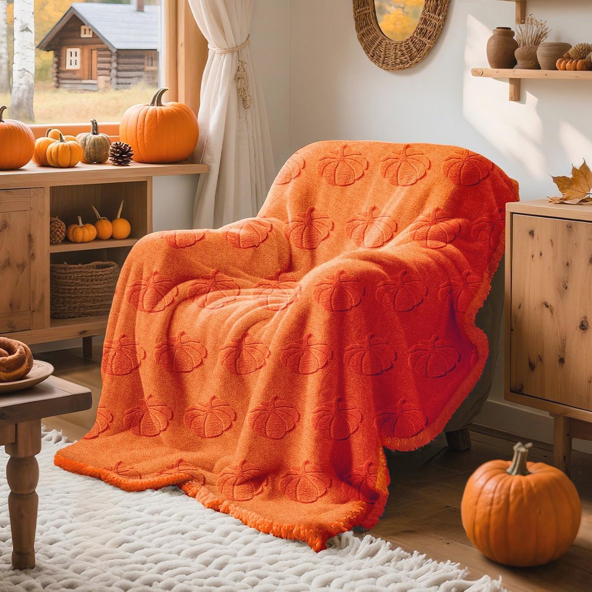 Herfst Oranje Dekentje - Sherpa Fleece Plaid voor Bank - Zacht Fluffy 3D Pompoen Fleece Dekbedovertrek - Cozy Plaid voor Thuis, Bed en Woonkamer Decoratie - 130x150 cm