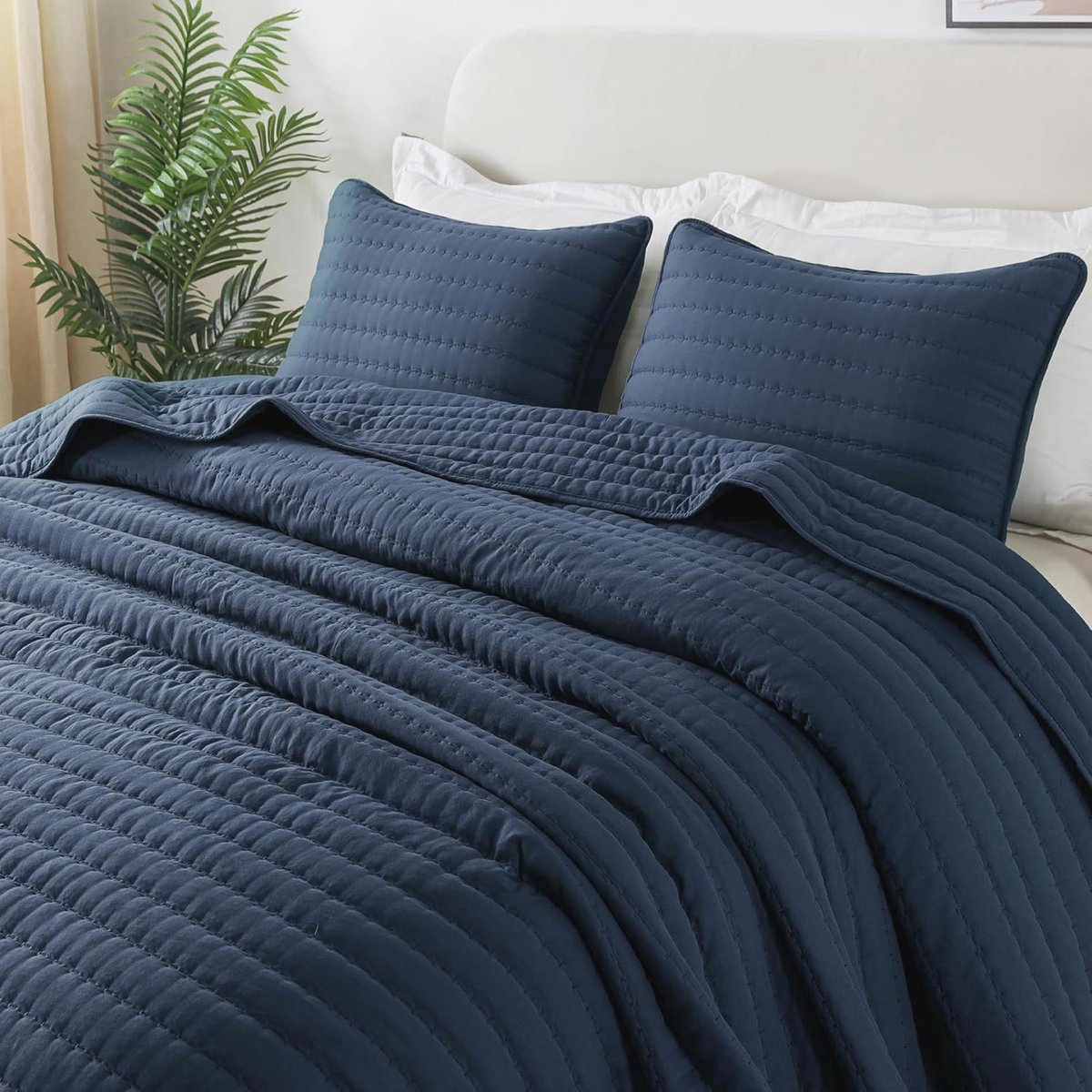 Doorgestikte bedsprei, zacht en comfortabel, marineblauw, 270 x 300 cm