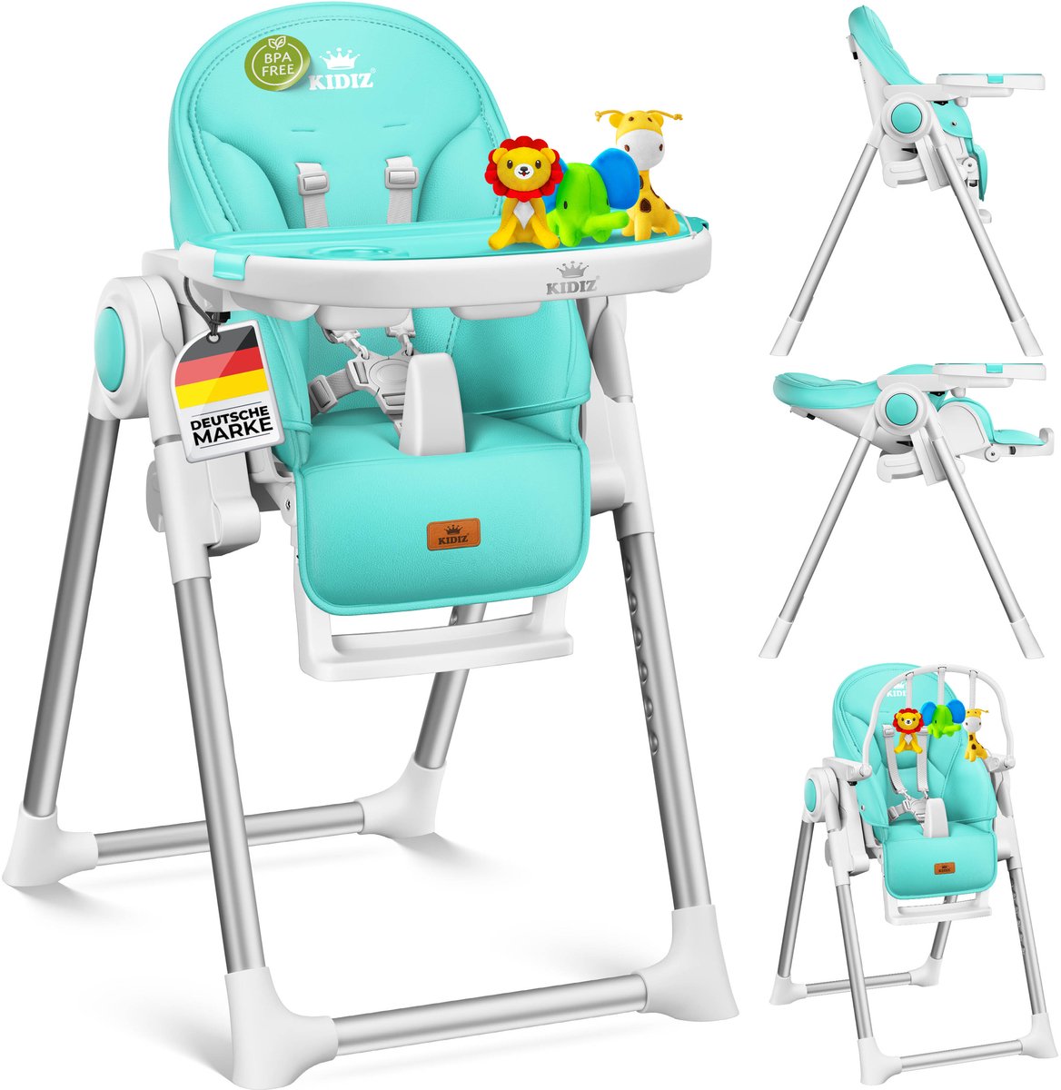 KIDIZ® 3in1 kinderstoel incl. speelbar, Eetstoel, Babystoel, combinatie kinderstoel, 7 in hoogte verstelbare rugleuning, meegroei van 0 maanden tot 6 jaar - Turkoois