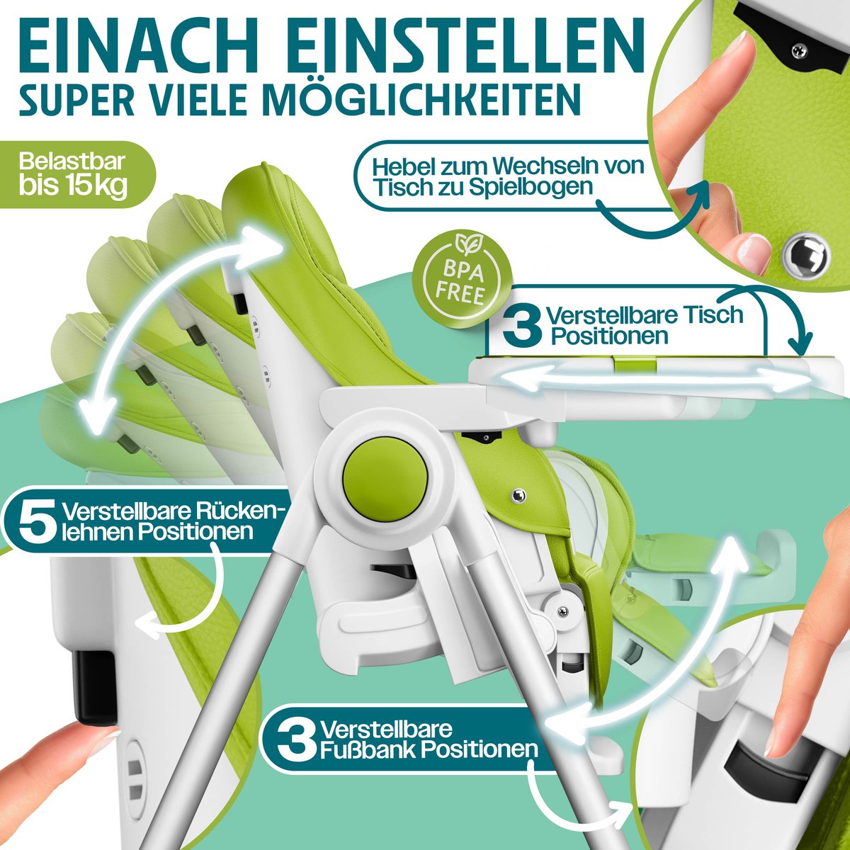 KIDIZ® 3in1 kinderstoel incl. speelbar, Eetstoel, Babystoel, combinatie kinderstoel, 7 in hoogte verstelbare rugleuning, meegroei van 0 maanden tot 6 jaar - Groen thumbnail 4