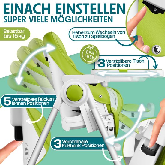 KIDIZ® 3in1 kinderstoel incl. speelbar, Eetstoel, Babystoel, combinatie kinderstoel, 7 in hoogte verstelbare rugleuning, meegroei van 0 maanden tot 6 jaar - Groen van Merkloos — afbeelding 4