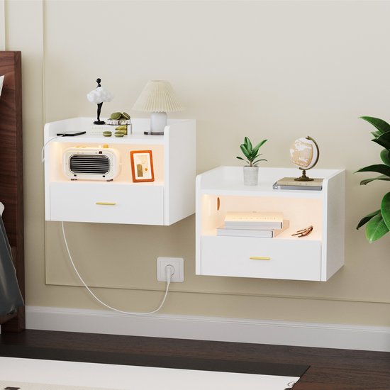 Nachtkas, set van 2, witte bijzettafel met lade, modern, kleine met
