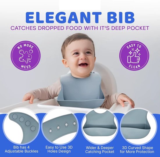 Kinderbestek Siliconen 8-Delig - BPA Vrij - Kinderservies set Incl. kom, bord, drinkbeker, slabbetje en 2 sets vork & lepel - Babyservies set Geschikt voor magnetron, oven en vaatwasser - Babybestek - Lichtblauw - Babyshower Cadeau van Kinder — afbeelding 3