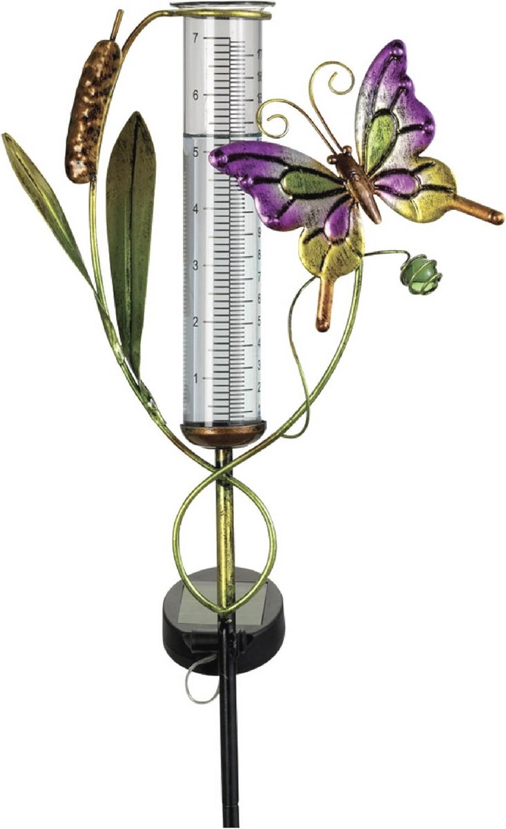 Zonne-energie Regenmeter met Vlinder - Tuinbeeld met LED Verlichting