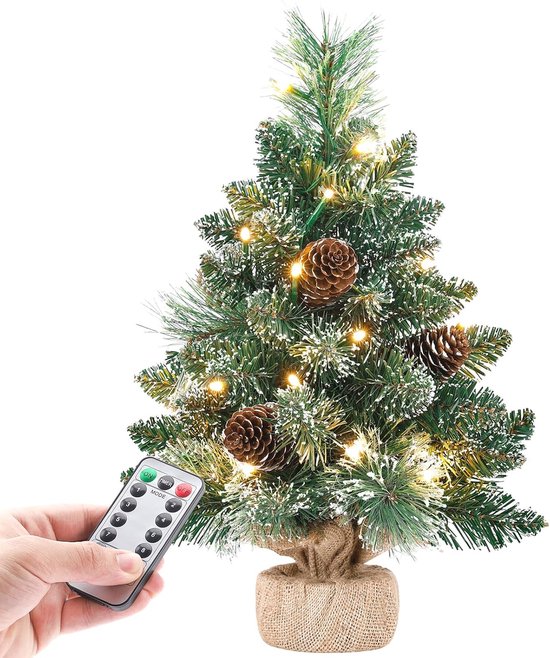 Zilverspar Mini kerstboom met LED verlichting en Timer - Kunstkerstboom 40cm - Kleine boom met verlichting en Sneeuw - Kunstboom - Kerststukje - Christmas Tree - Lampjes met afstandsbediening