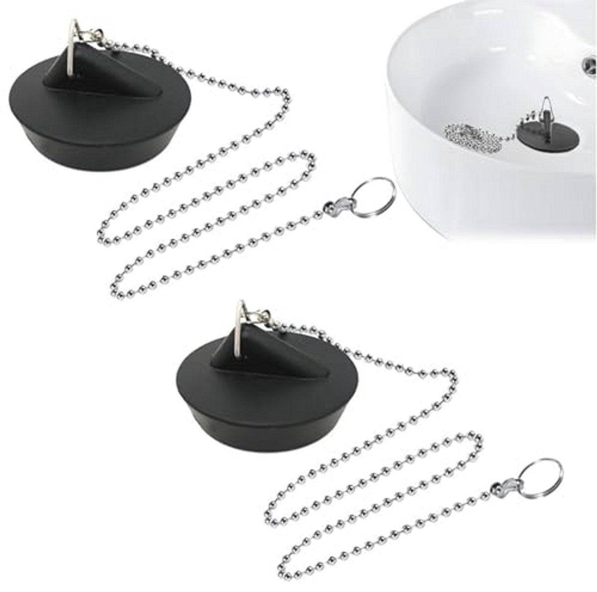 Rubberen Wastafel Stopper Set - Badstopper met Ketting voor Keuken en Badkamer (2 Stuks)