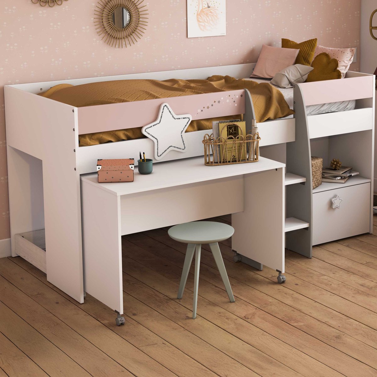 Halfhoogslaper met bureau 90 x 200 cm Stellar - Kinderbedden met uitvalbeveiliging - Wit