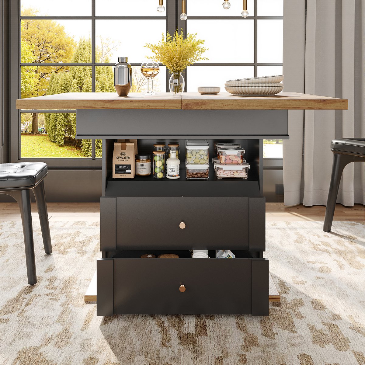 REDOM Eettafel 110-140*80*75cm van MDF, uitschuifbaar met opbergvak en magnetische soft-close klep, zwart/naturel Natuurlijk+Zwart