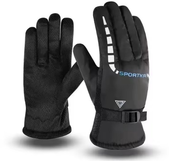 Zwarte winterhandschoenen, met logo 'SPORTKRW' en gesp aan de pols.