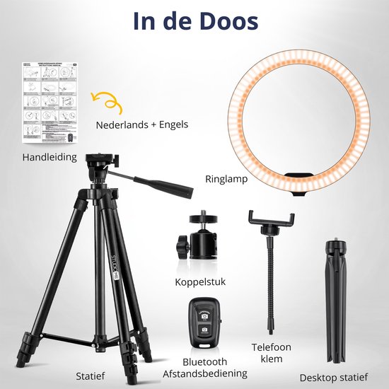 Inhoud van de doos: zwarte statief, ringlamp met LED-verlichting, koppelstuk, telefoon klem, desktop statief en Nederlandstalige handleiding.