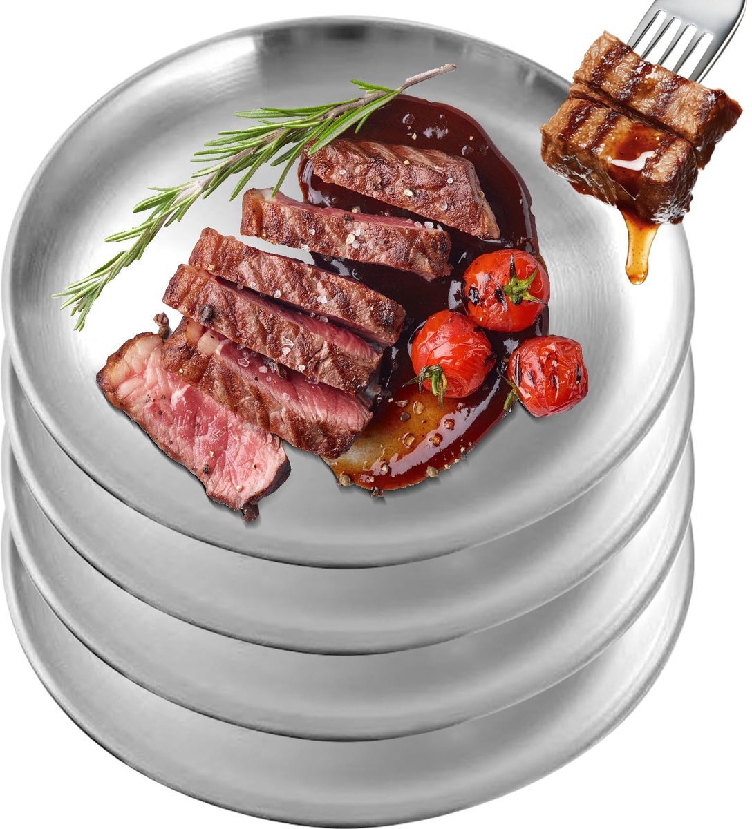Unyqoos® Set van vier robuuste roestvrijstalen borden voor camping en keuken
