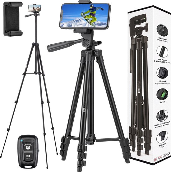 Studio ME Telefoon Statief - 128 cm - Tripod Smartphone - Zwart - Camera Statief - Telefoonhouder - Incl. Bluetooth Afstandsbediening - Statief Telefoon