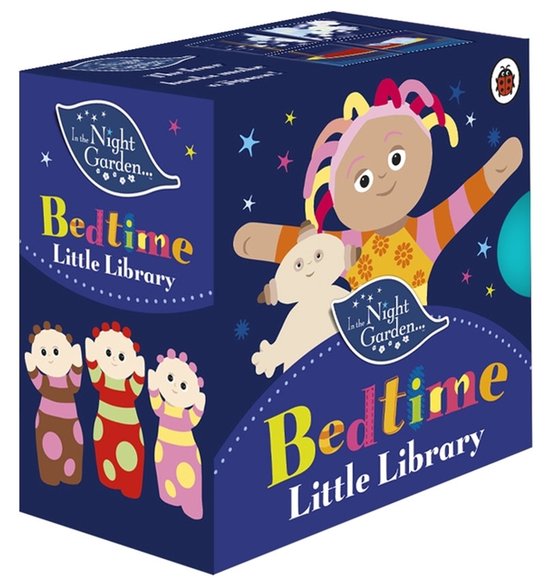 In the Night Garden Bedtime Little Library doos met Igglepiggle, Upsy Daisy en de Tombliboos op een nachtblauwe achtergrond met sterren.