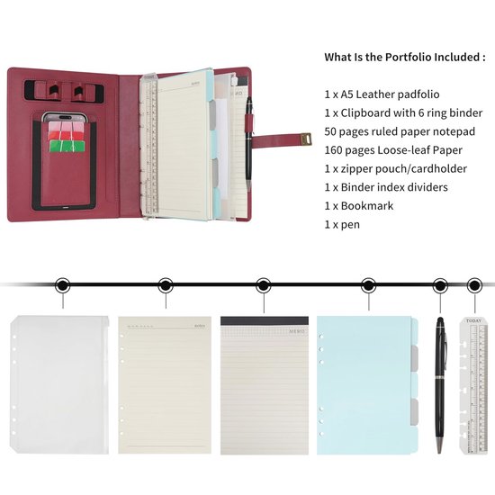 PU Lederen Notebook, A5/A6 / B5 Schrijven Notebook Hervulbaar 6 Gaten Losse Blad Journal 100 Pagina's