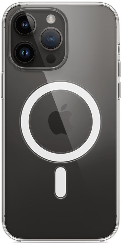iPhone 14 Pro Max hoesje, transparant grijs met MagSafe-ring.