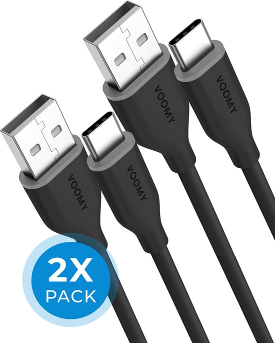Câble USB-C Voomy - 2 pièces, 1 mètre - Câble de charge USB-A vers USB-C - Câble de charge rapide universel - Convient pour téléphone et tablette - Zwart