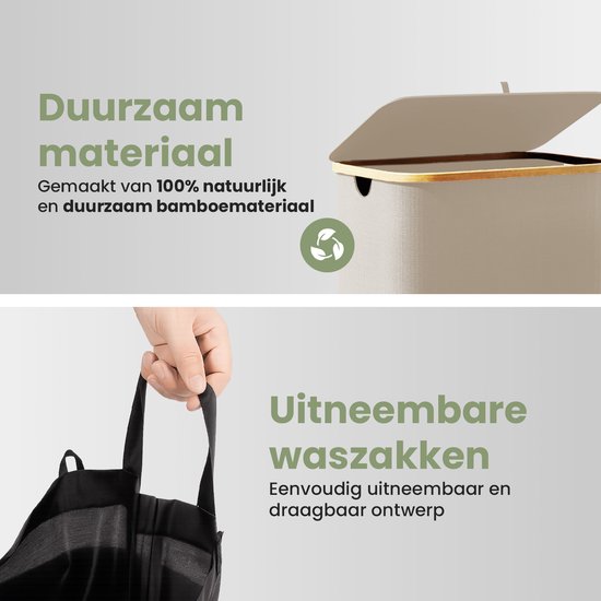 Beige wasmand met bamboe frame en duurzaam materiaal, met uitneembare waszakken