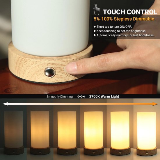 Draadloze Nachtlamp met Dimbare Touchbediening en Oplaadbare Accu — afbeelding 5