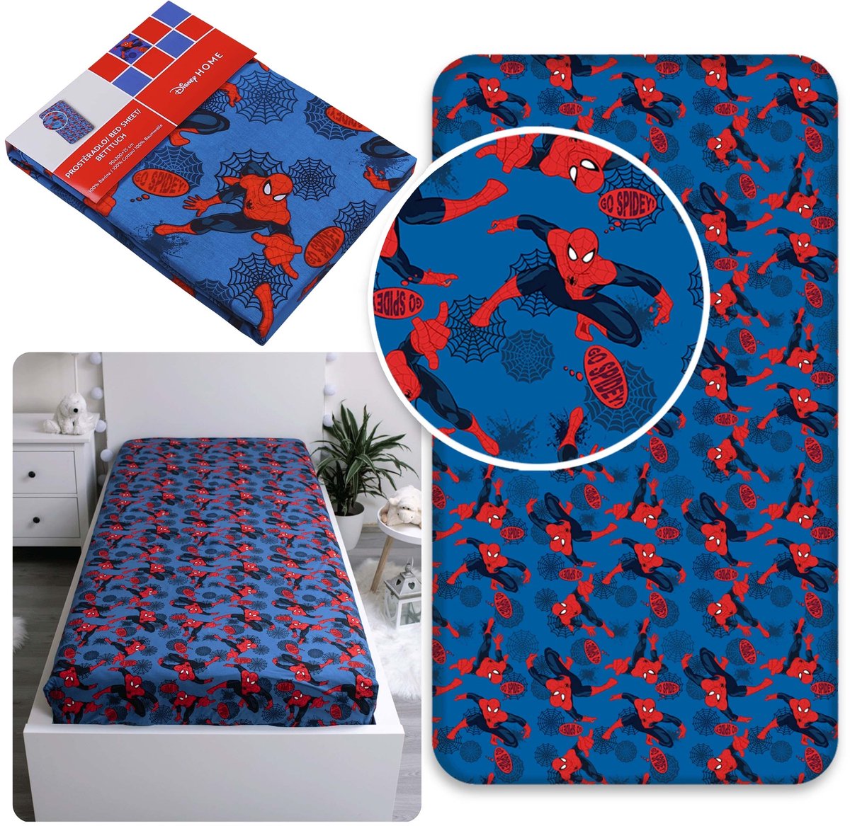 MARVEL Spider Man laken voor kinderen, katoenen laken met elastiek 100% KATOEN 90x200cm+25cm, OEKO-TEX