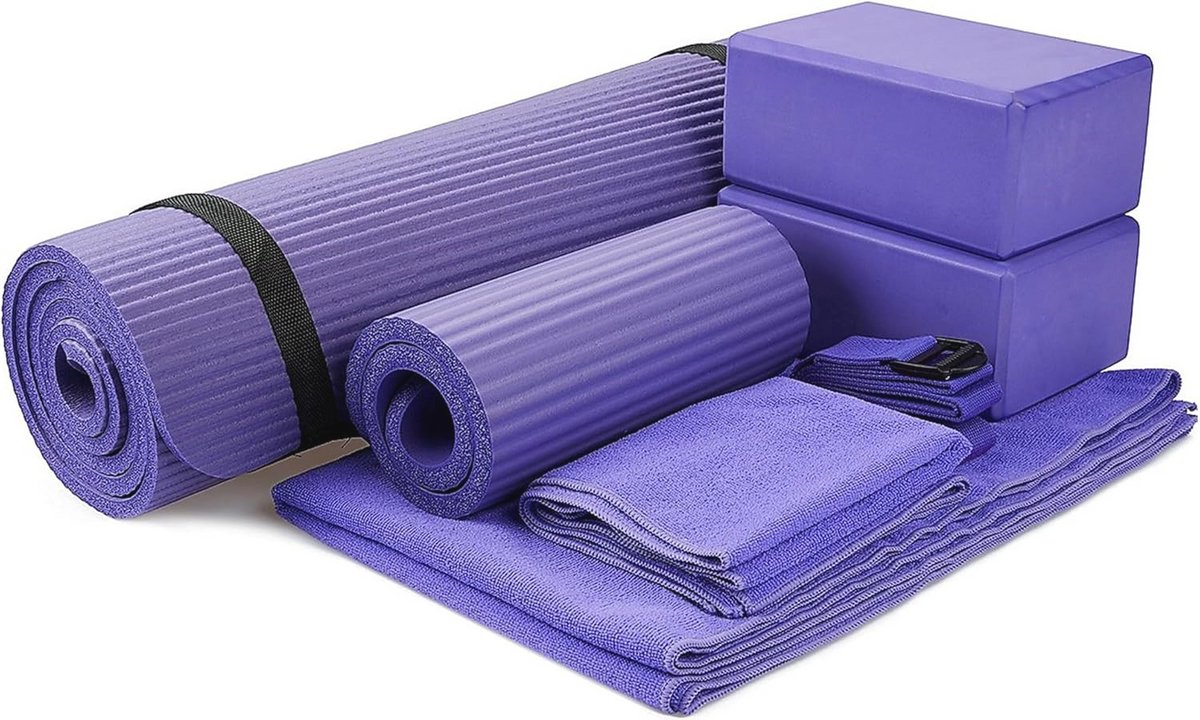 BalanceFrom GoYoga 7-delige set - inclusief yogamat met draagriem, 2 yogablokken, yogamathanddoek, yoga-handdoek, yoga-riem en yoga-kniebeschermer (1/2 inch dikke mat)