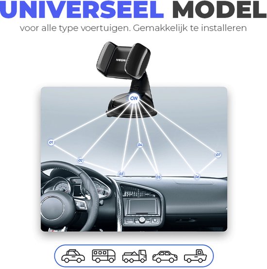 Zwarte universele telefoonhouder in een auto interieur.