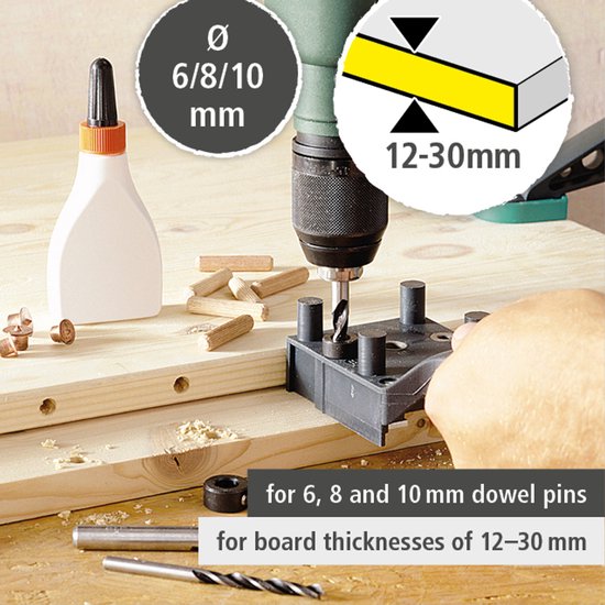 Wolfcraft deuvelmal wordt gebruikt om gaten te boren in hout voor deuvels met een diameter van 6-10mm.
