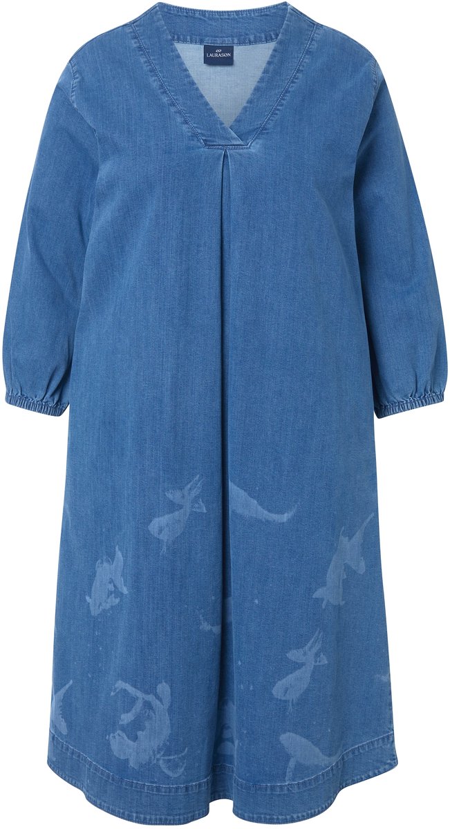 Laurasøn - Dames - Denim jurk 3/4-mouw V-hals - Blauw denim - Maat 40+
