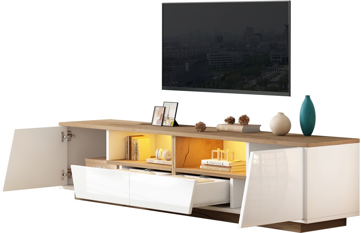 MODFU TV-meubel 180x40x46 cm van spaanplaat, wit/naturel hout, hoogglans front, met LED en 2 laden