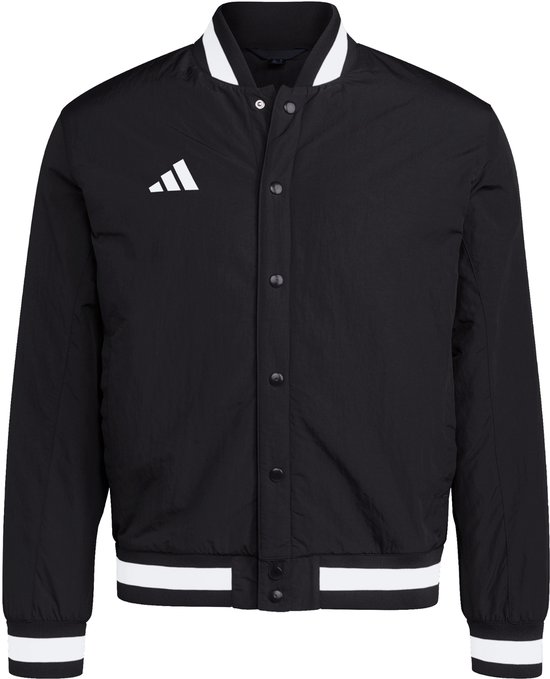 Veste d'entraîneur adidas noire avec rayures blanches sur le col, les poignets et l'ourlet. Logo adidas blanc sur la poitrine gauche.