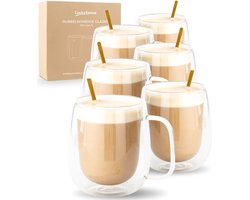 Dubbelwandige Koffieglazen met Oor - 350ml – Set van 6 - Theeglazen – Latte Macchiato & Cappuccino Glazen – Incl 6 Lepels
