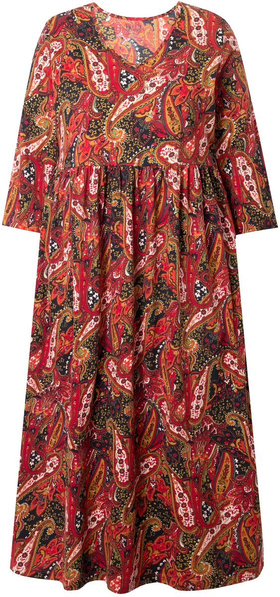 Ulla Popken Dames - Jersey jurk paisley A-lijn V-hals 3/4-mouwen - Zwart - Maat 66+