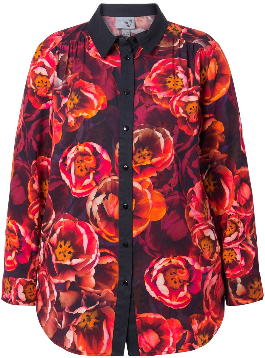 Ulla Popken - Dames - Overhemdblouse rozen overhemdkraag lange mouwen - Mandarijn - Maat 62+