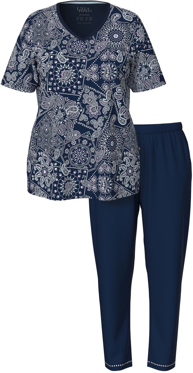 Ulla Popken Dames - Pyjama V-hals korte mouwen zakken - Nachtblauw - Maat 42+