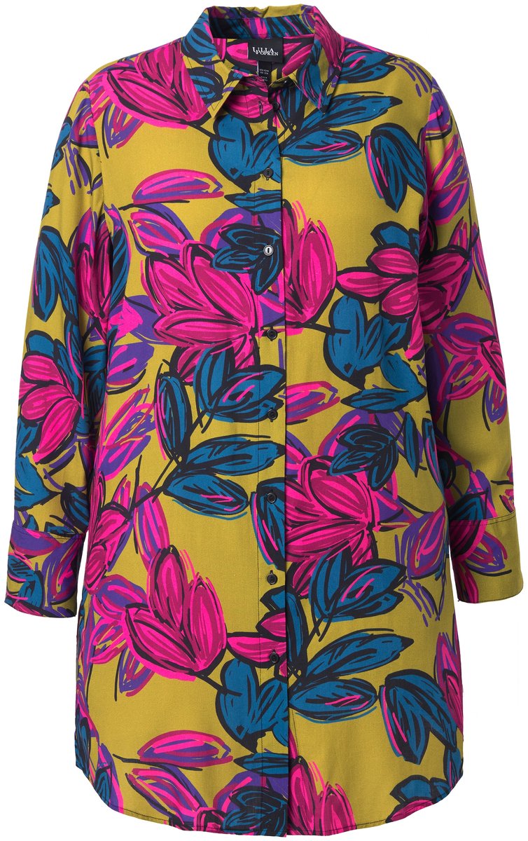 Ulla Popken - Dames - Lange blouse bloemen overhemdkraag lange mouwen - Licht geelgroen - Maat 50+