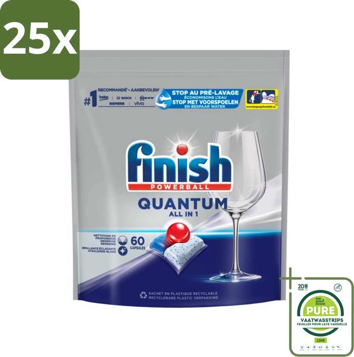 25 x Finish – Vaatwastabletten – Quantum All-in-1 – 60 Capsules - Grootverpakking - Vaatwastabletten - Vaatwasser - Diepe Reiniging - Glans - Vaatwascapsules