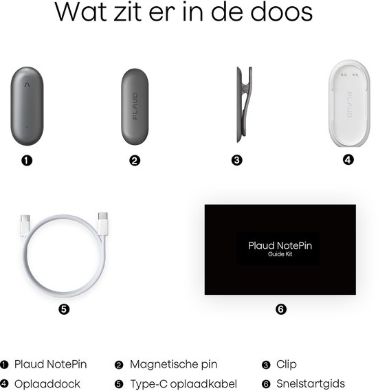 Inhoud van de doos: Plaude NotePin, magnetische pin, clip, oplaaddock, type-C oplaadkabel, snelstartgids.