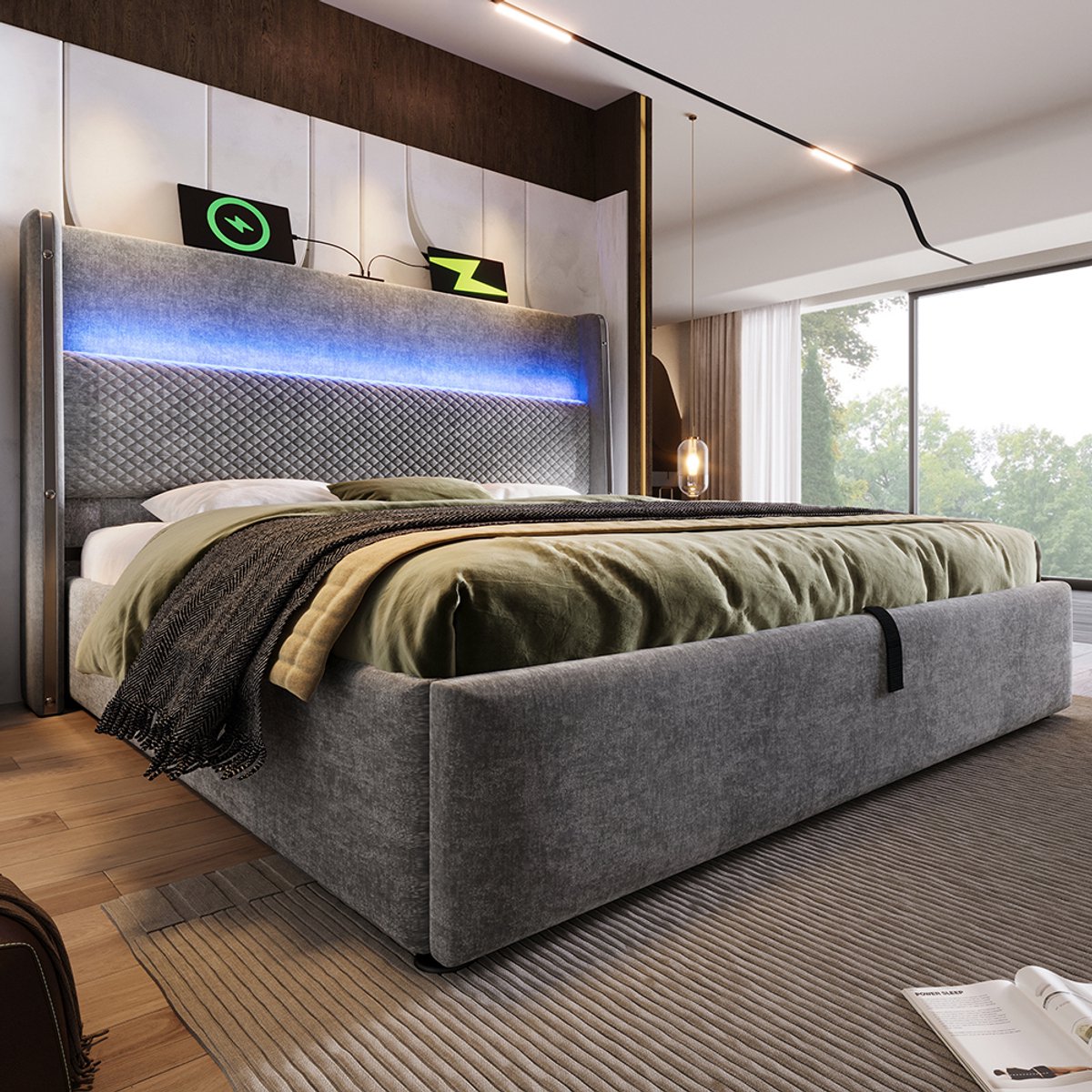 YEHTOKHOME Gestoffeerd Bed 180x200 cm Tweepersoonsbed met LED verlichting - USB C-type oplaadfunctie - Hydraulisch bed met opbergruimte - Hoog hoofdeinde - Lattenbodem - Grijs Linnen (zonder matras)